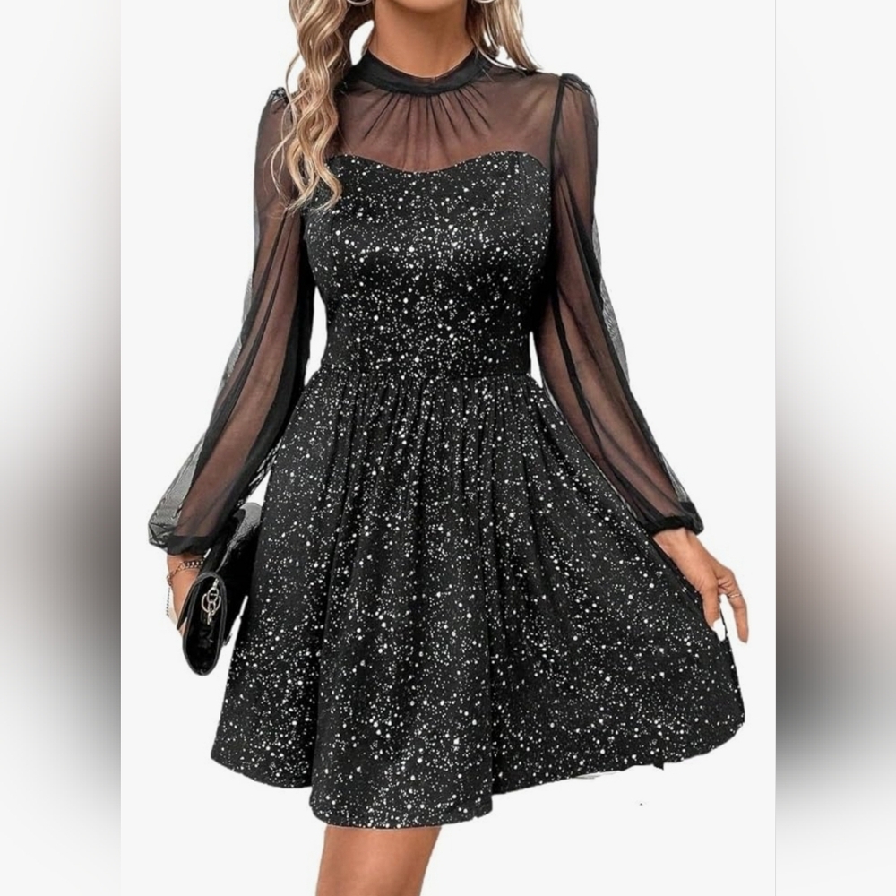 NEW! Sheer sleeve Black Sparkle dress. Size Medium.